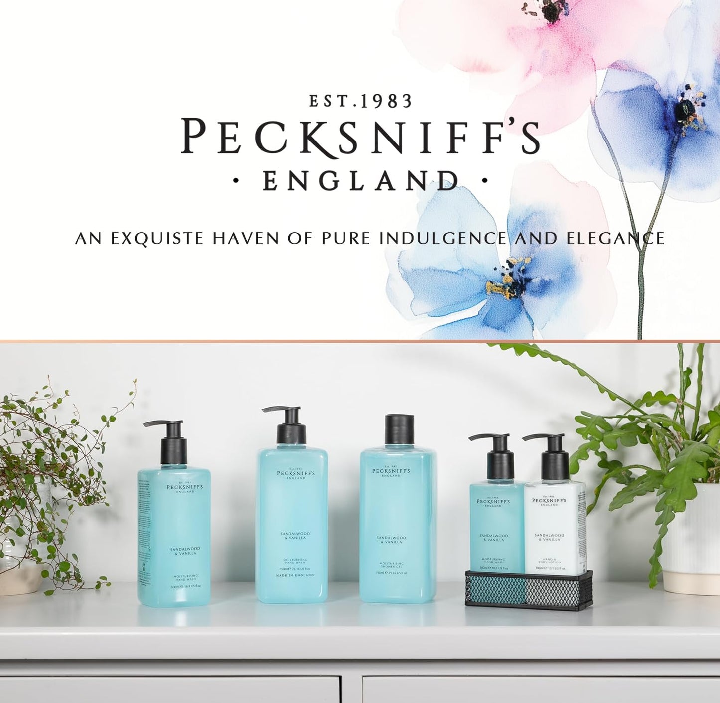 Pecksniff's Kitchen Soap Dispenser Set – Hand Soap & Lotion with Black Mesh Caddy, Sandalwood & Vanilla, 10.14 fl oz / 300 ml
