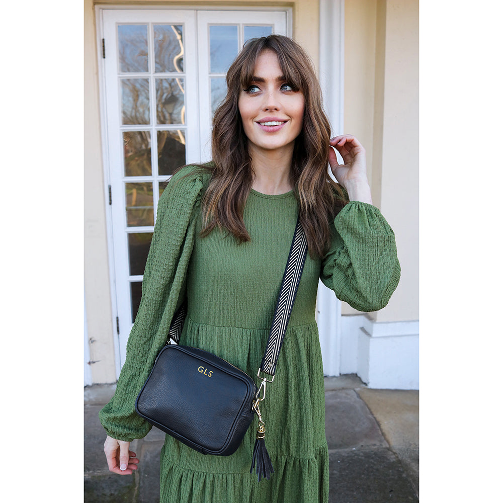 Personalised Elie Beaumont Black Bag with Silver Chevron Strap