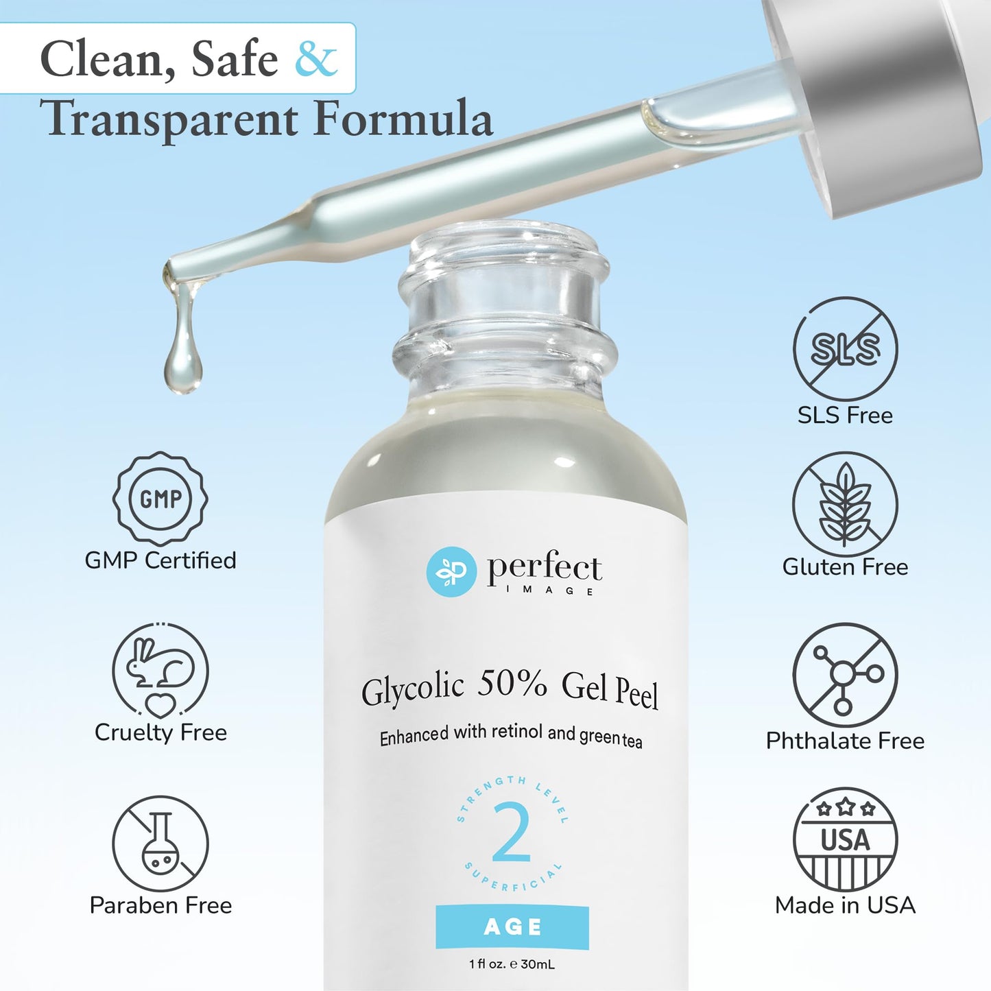 Perfect Image Glycolic Acid 50% Gel Peel with Retinol & Green Tea Extract – Professional Skin Peel, 1 oz