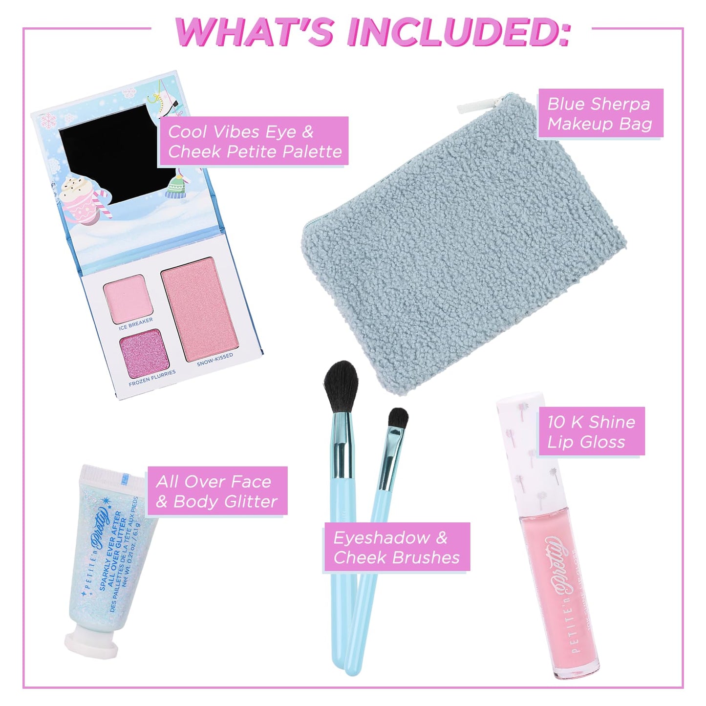 Petite 'N Pretty Sparkle Storm Gift Set for Kids, Tweens & Teens – Palette, Brushes, Lip Gloss & Glitter in Blue Sherpa Bag