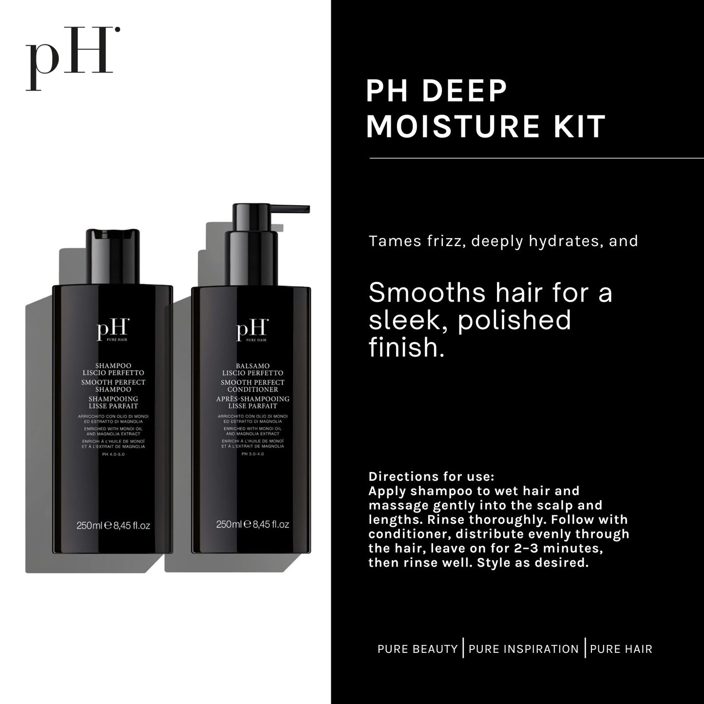 pH PURE HAIR Smoothing Duo – Sulfate-Free Anti-Frizz Shampoo & Conditioner for Dry & Curly Hair