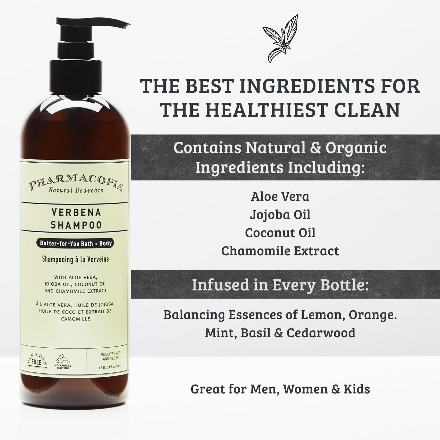 Pharmacopia Verbena Shampoo – Plant-Based, Vegan, No Parabens or Sulfates (16 oz)