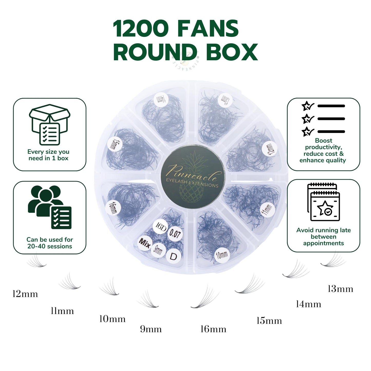 Pinneacle 6D Premade Volume Fans — 1200 Fans, 9-16mm, C/CC/D/L Curl, 0.07