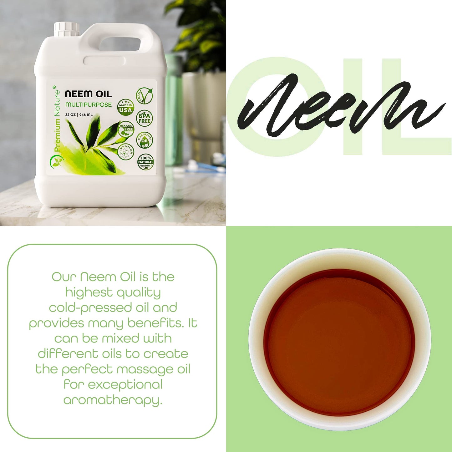 Premium Nature Neem Oil - Cold-Pressed 16 oz for Plants, Skin & Hair (Spray & Refill)