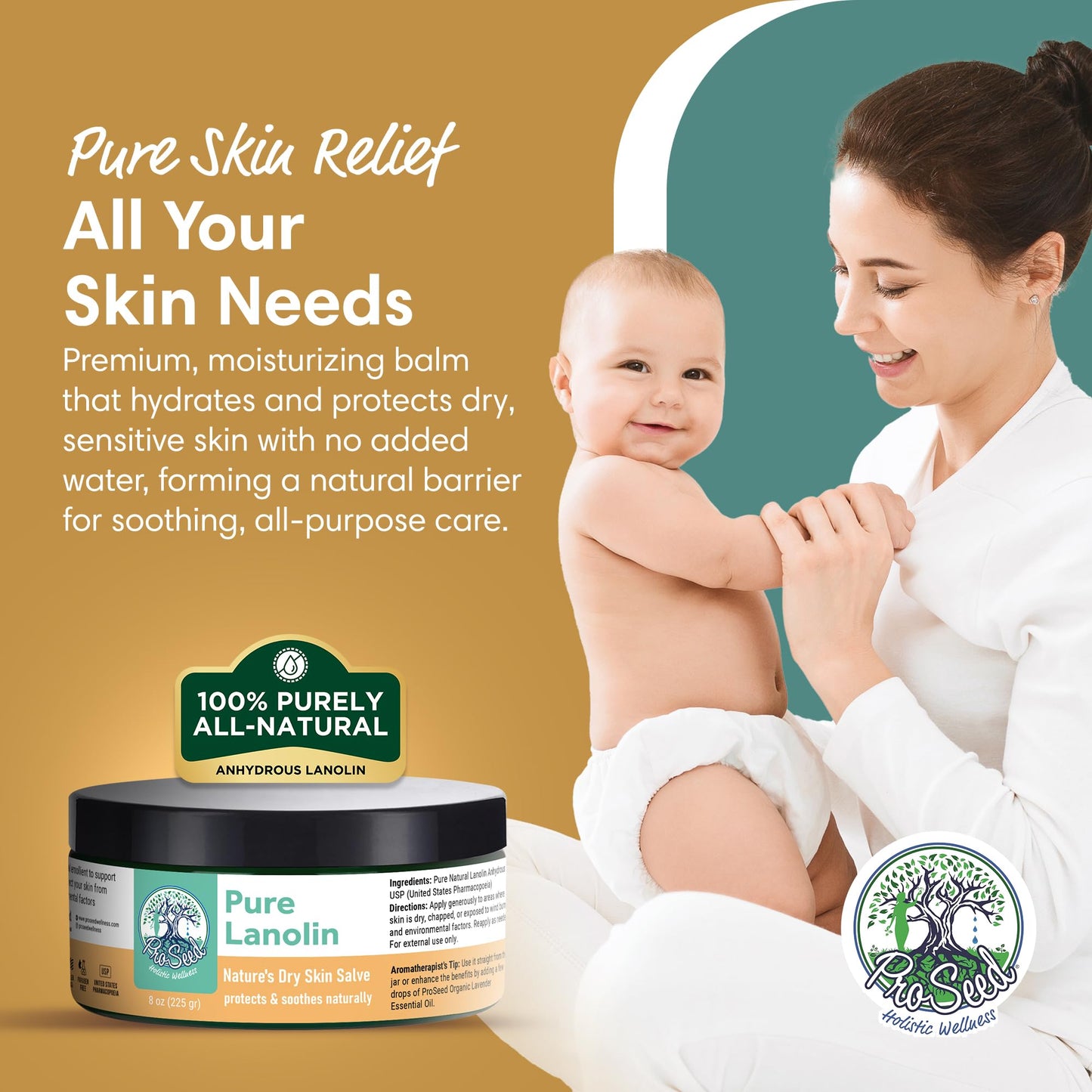 ProSeed Handmade Pure Lanolin Cream – Gentle, Petroleum-Free Moisturizer for Moms, Baby Care & Nursing (8oz)