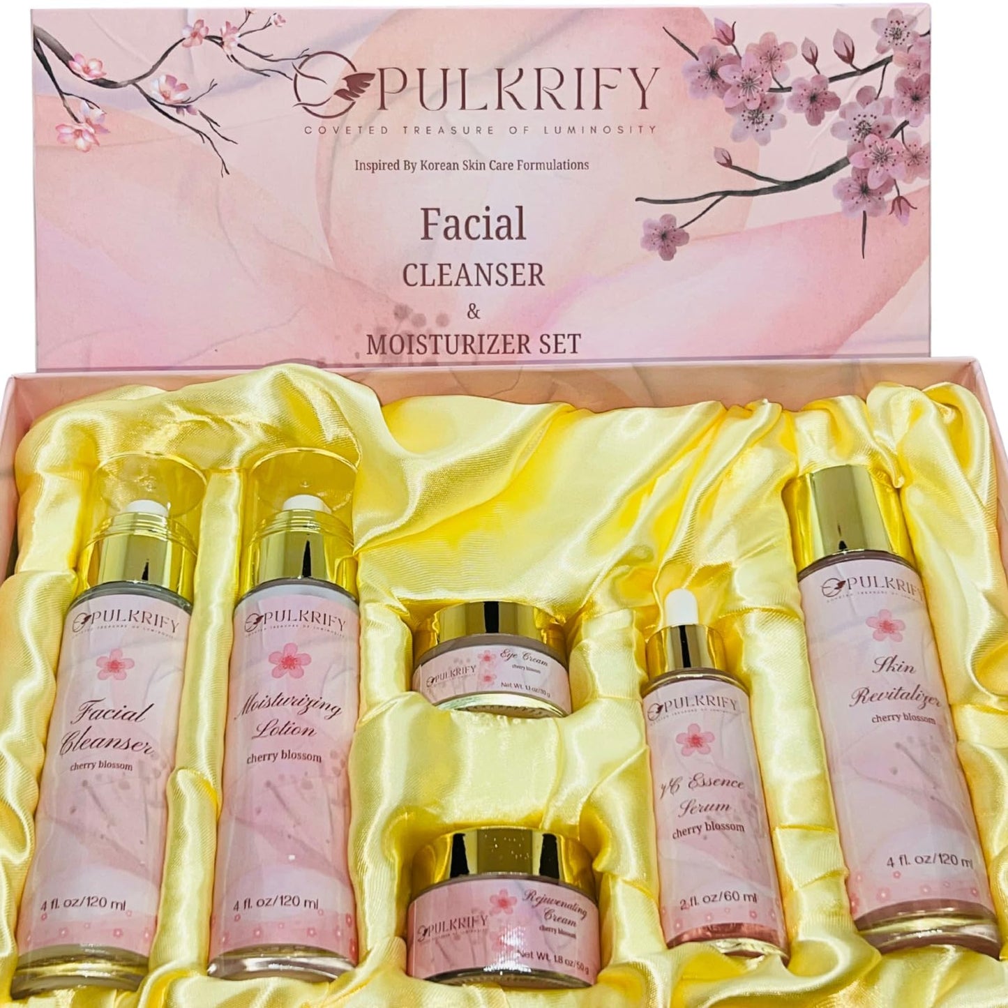 PULKRIFY Cherry Blossom Skincare Set – Luxury 6-Piece Korean Style Cleanser & Moisturizer (Retinol-Free, All Skin Types)