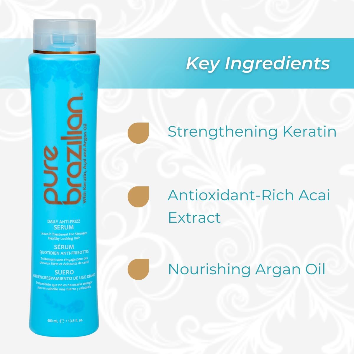 Pure Brazilian Anti-Frizz Daily Leave-In Serum – Keratin & Argan Oil, UVA/UVB Protection, 13.5 oz
