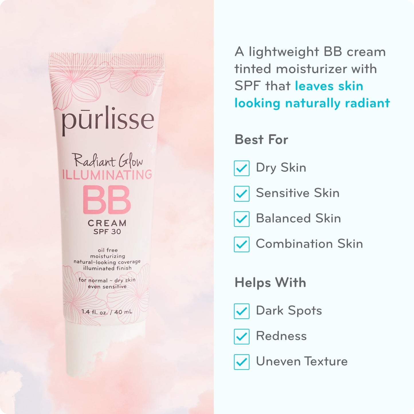 Pūrlisse Radiant Glow Illuminating BB Cream SPF 30 – Goji & Hawthorn Berry for Dewy Skin, Light Medium (1.4 oz)