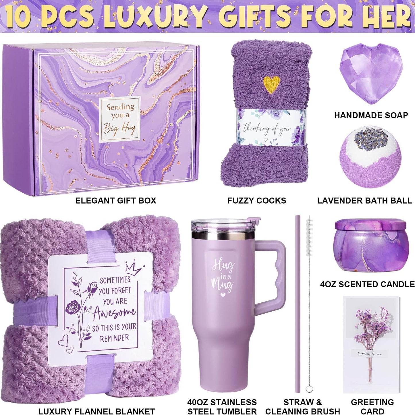Qinline Birthday Gifts for Women: Lavender Spa Gift Basket + 40oz Tumbler