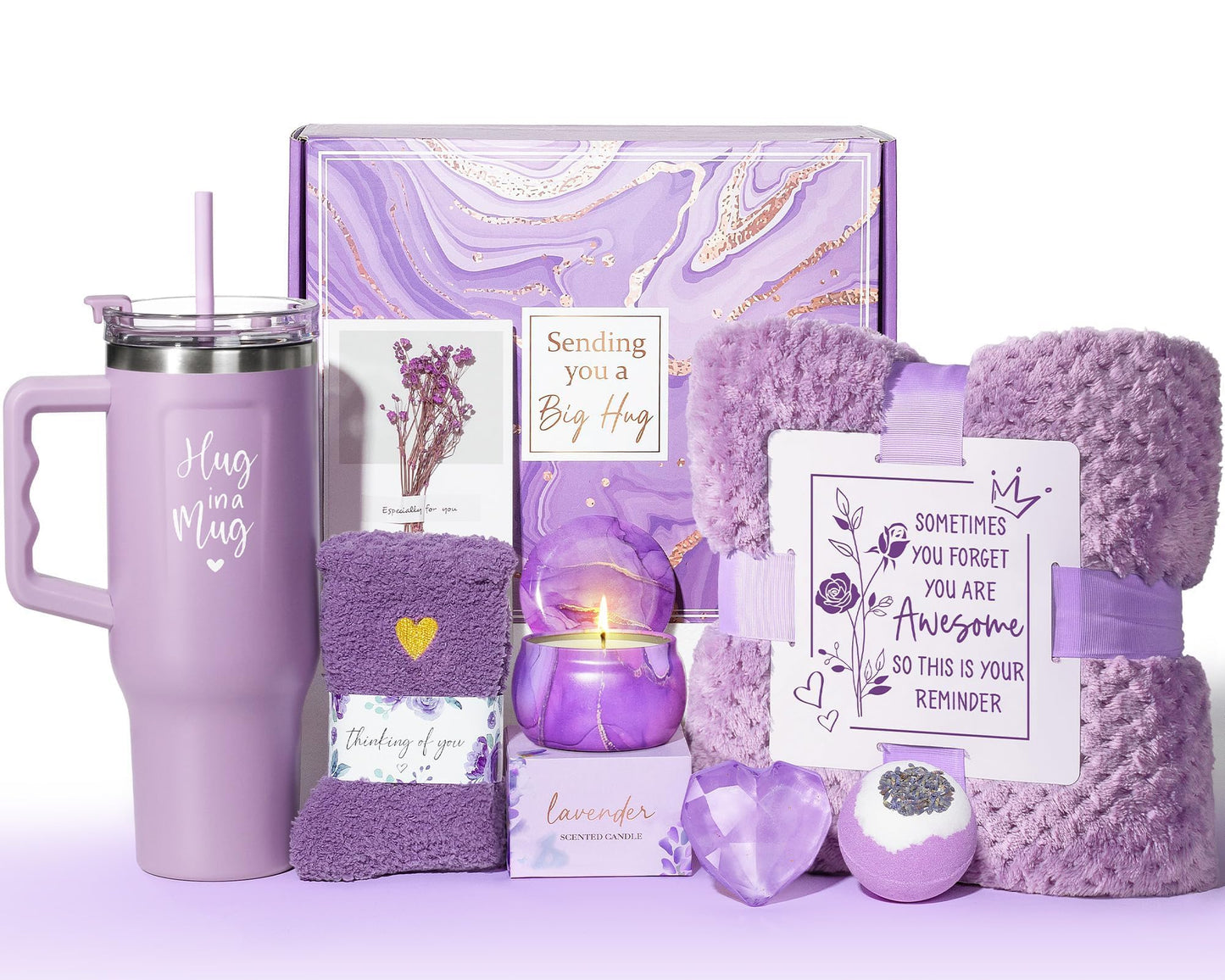Qinline Birthday Gifts for Women: Lavender Spa Gift Basket + 40oz Tumbler