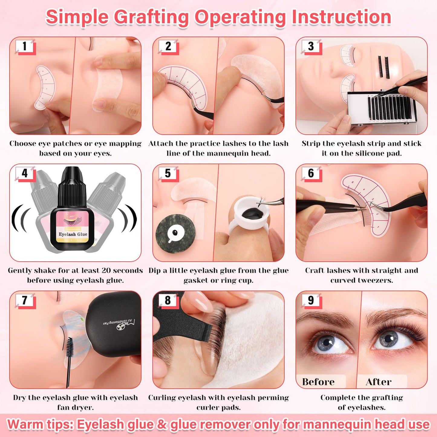 Qinzave Lash Kit for Beginners – Eyelash Extension Practice Starter with Mannequin Head