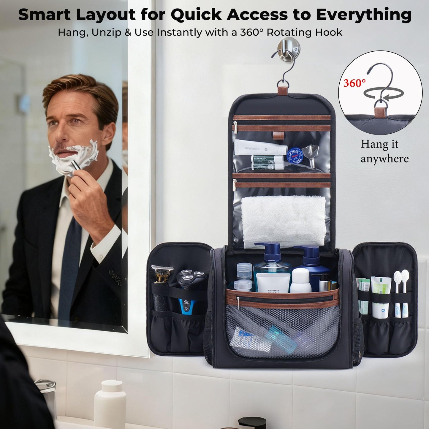 Ralnitote Large Hanging Toiletry Bag for Men – Travel Grooming Organizer, Black