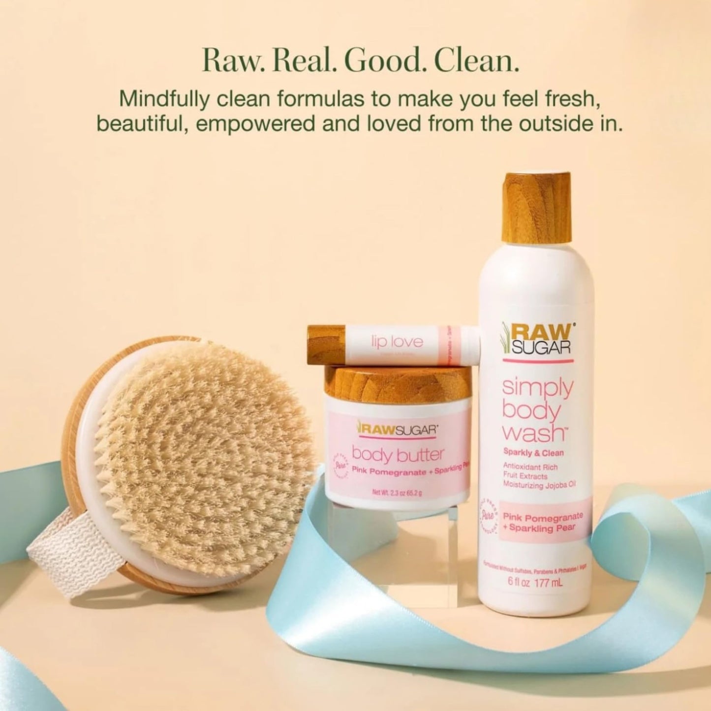 Raw Sugar Body Bliss Gift Set – Pink Pomegranate & Sparkling Pear | Wash, Butter, Lip Balm & Brush