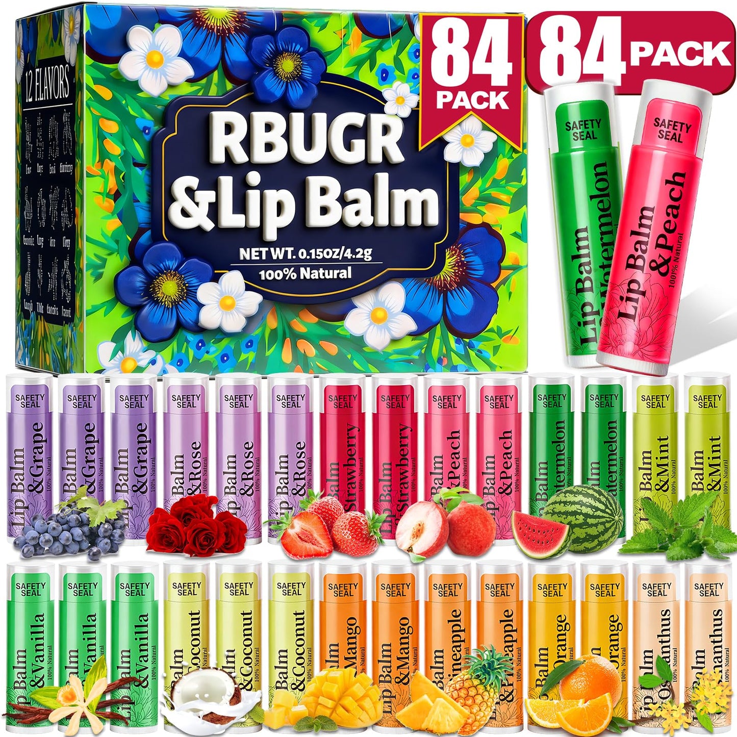 RBUGR 84 Pack Lip Balms – 12 Flavors Natural Moisturizing Balm (4.2g each)