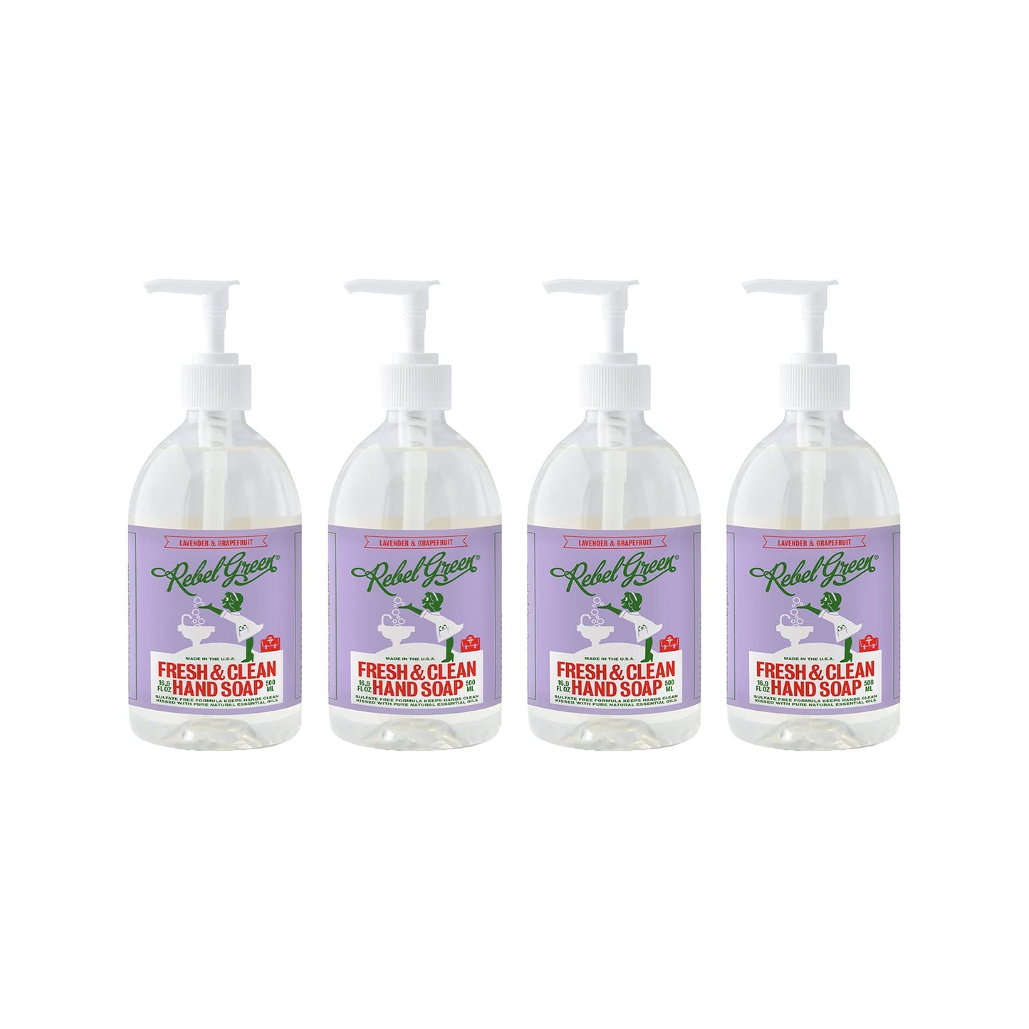 Rebel Green Liquid Hand Soap – Moisturizing Natural Hand Wash, Lavender & Grapefruit (Pack of 4)