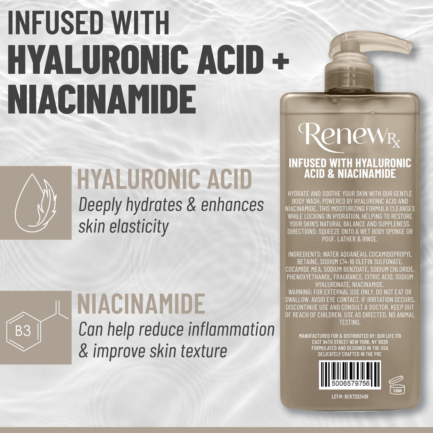 RENEW RX Hyaluronic Acid and Niacinamide Body Wash – Hydrating, Brightening, Vegan (32 oz)