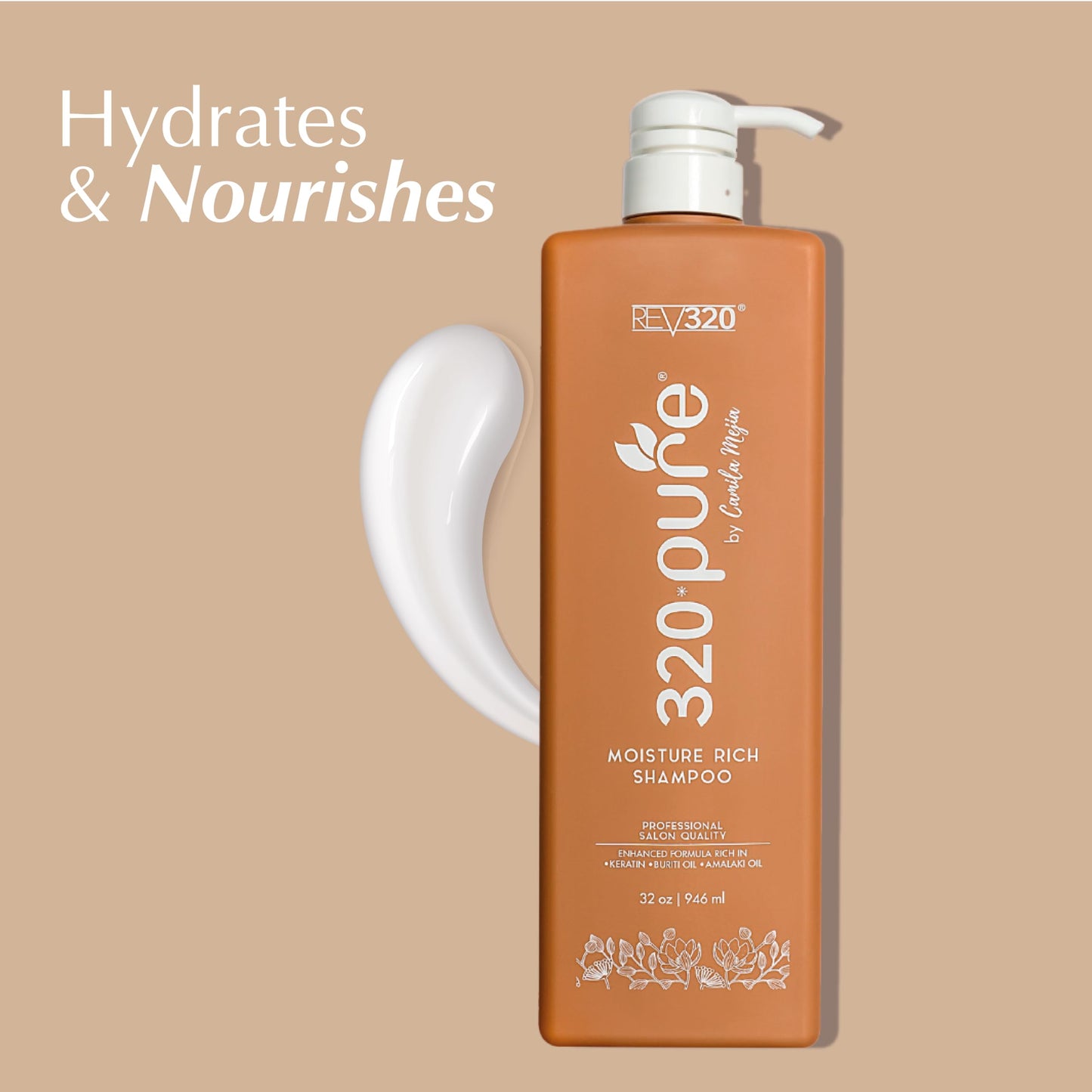 Rev320 320Pure Moisture Rich Shampoo — Nourishes & Repairs All Hair Types (32oz) with Argan Oil & Keratin-Omega