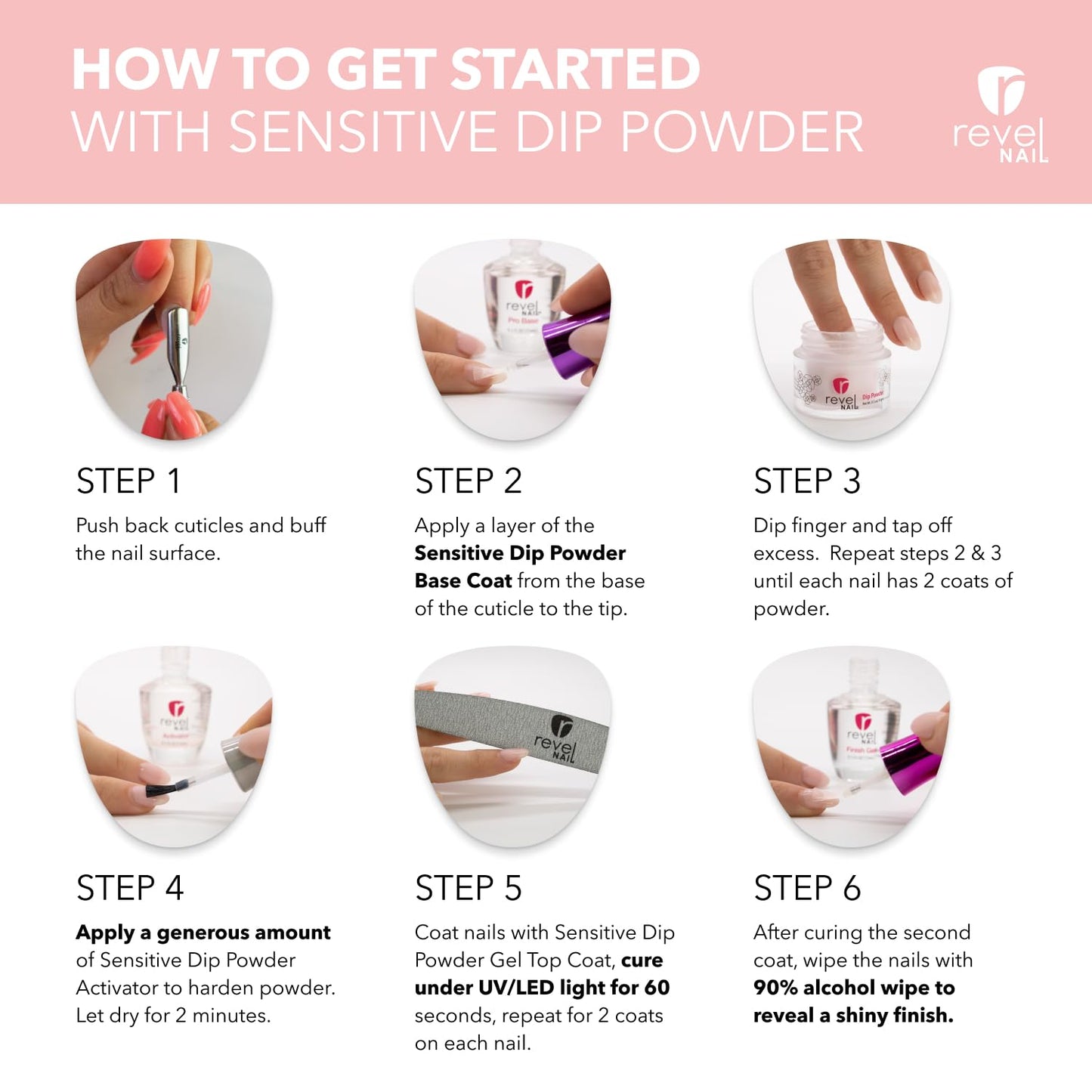 Revel Nail Sensitive Dip Powder Liquid Set – Base, Activator & Gel Top Coat | HEMA-Free