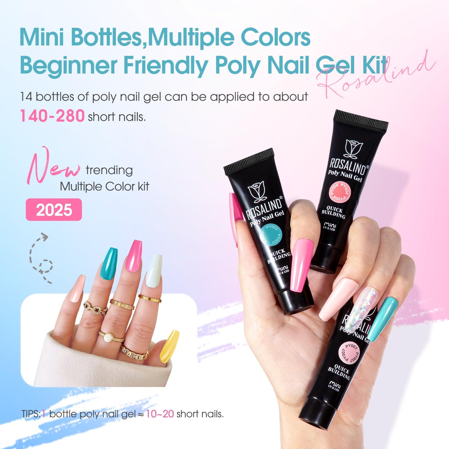 ROSALIND Poly Nail Gel Starter Kit — 14 Colors, 48W UV Lamp, 20,000 RPM Drill