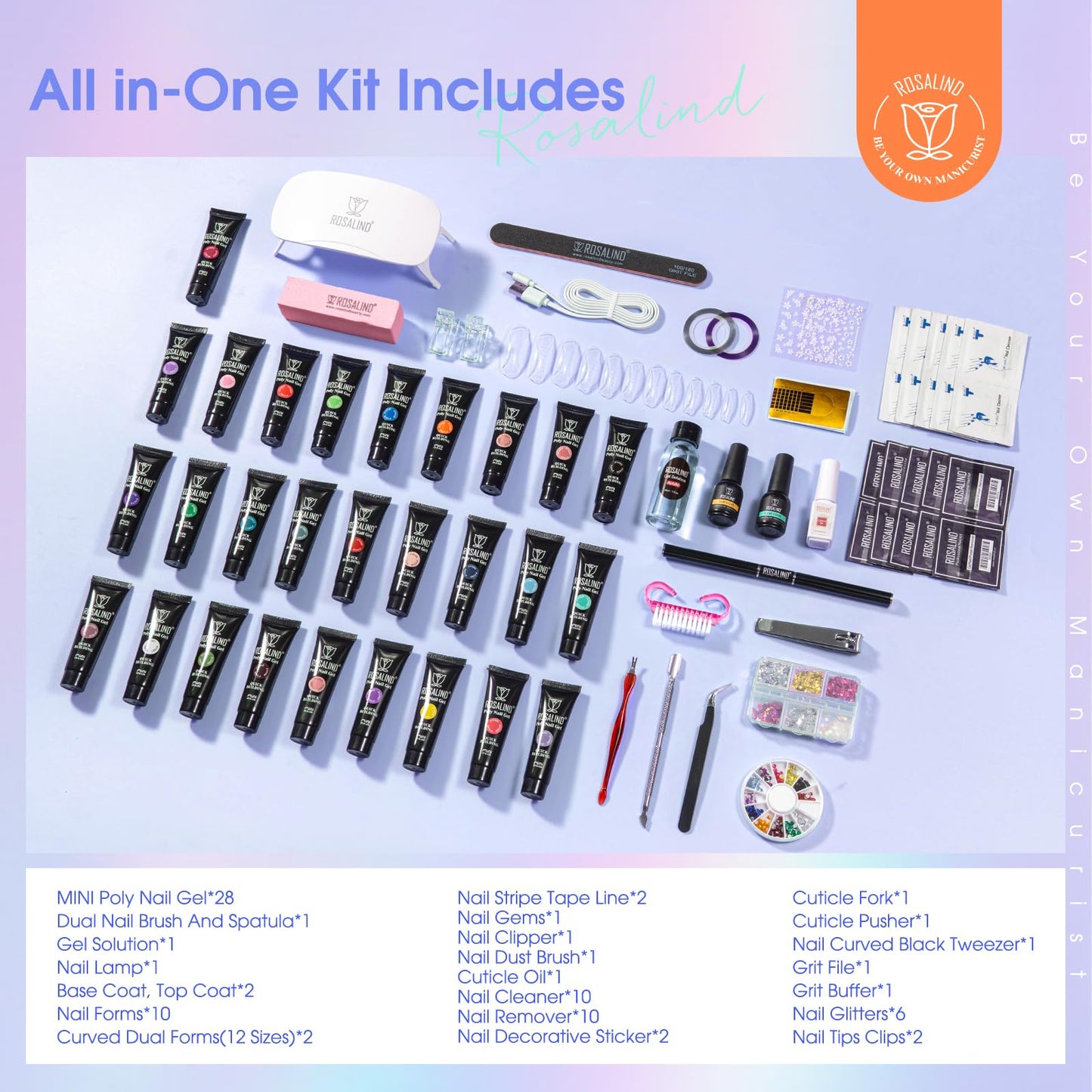 ROSALIND 28 Colors Neon Poly Nail Gel Kit with Mini Lamp – Beginner Starter Set