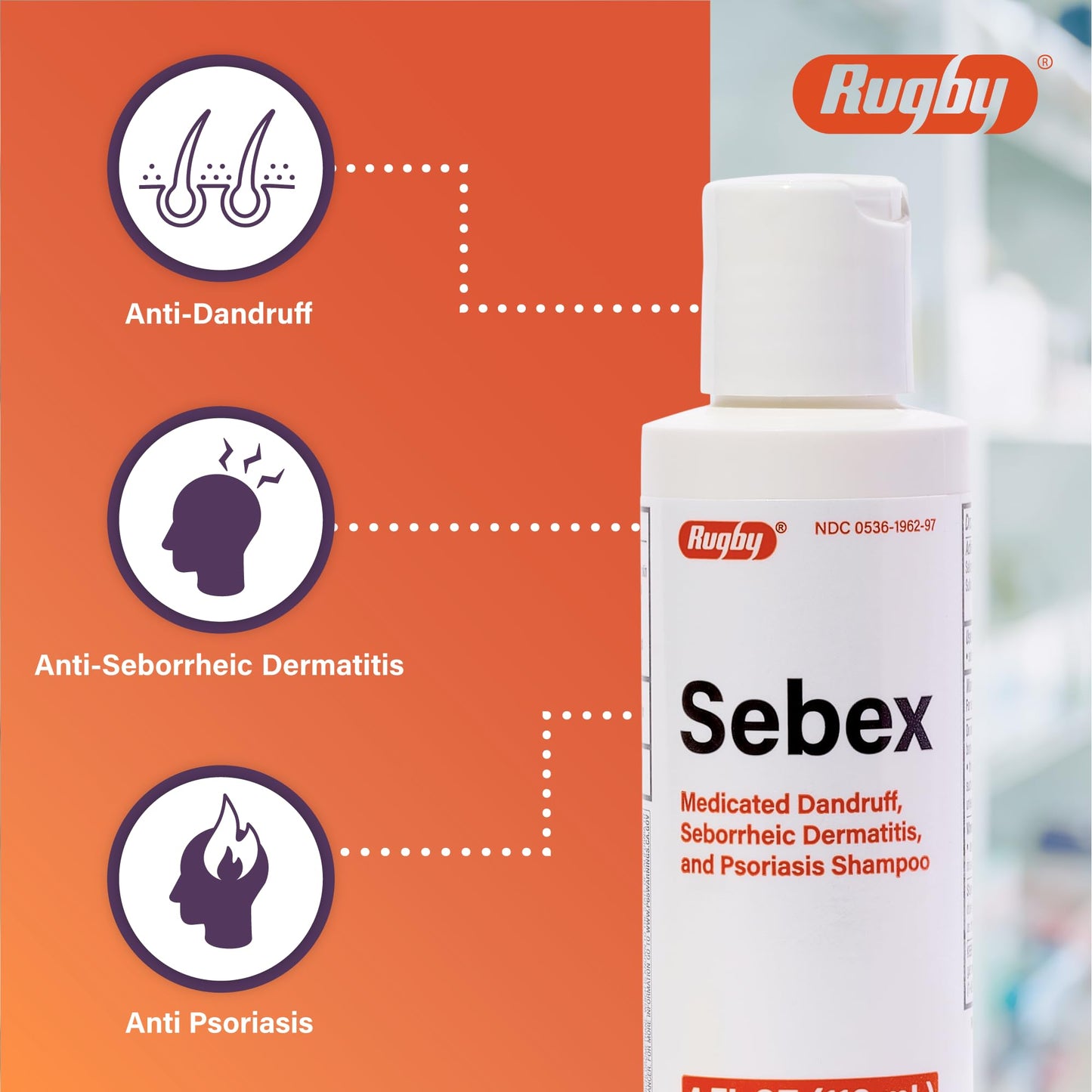 Rugby Sebex Medicated Dandruff Shampoo with 2% Sulfur + 2% Salicylic Acid – For Women & Men – 4 Oz (10 Pack)