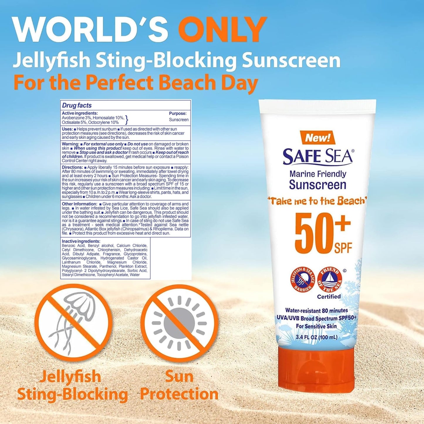 SAFE SEA SPF 50+ Anti-Jellyfish Sting Protective Lotion – Reef-Safe Sunscreen, 2 x 3.4 oz Tubes