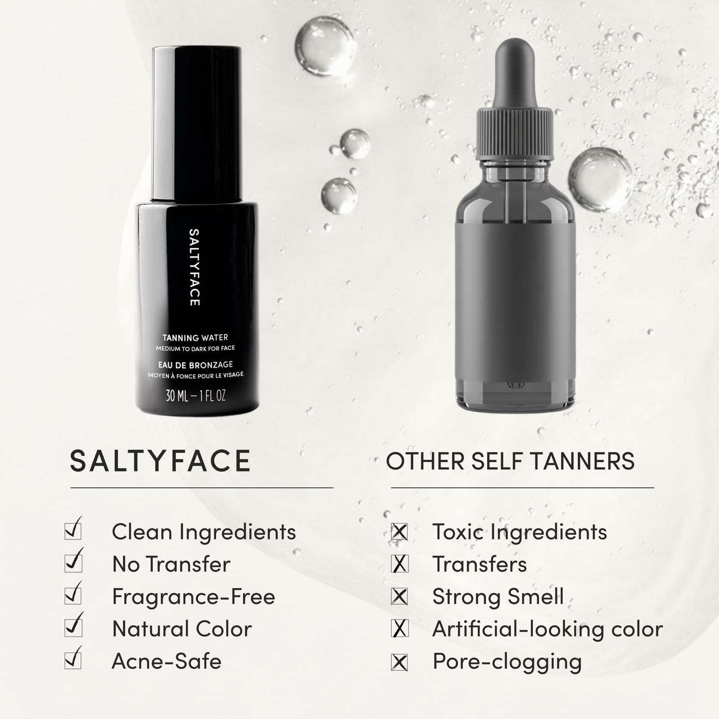 SALTYFACE Tanning Water (Medium to Dark) – Oil-Free, Fragrance-Free Self Tanner for Face, Neck, Ears, Chest
