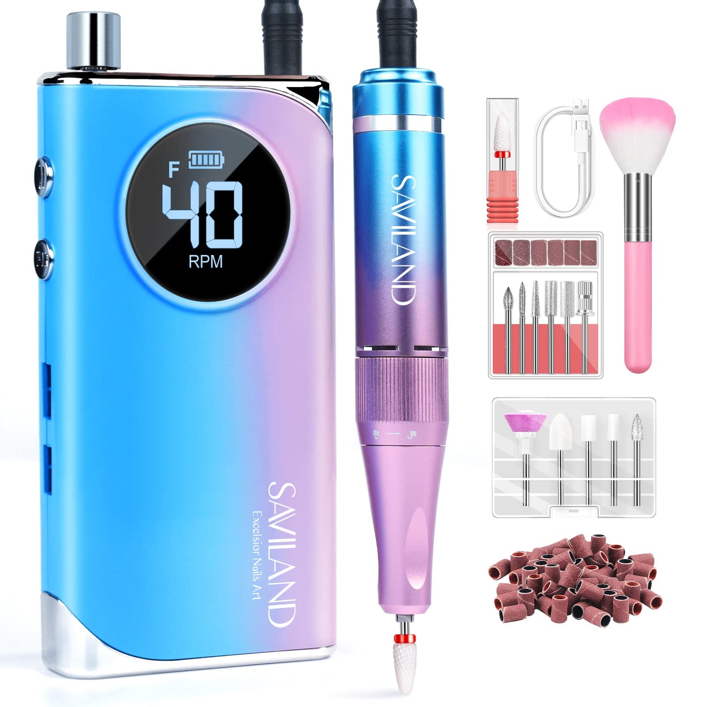 SAVILAND Electric Nail Drill 40000RPM – Pro Kit (56 Sanding Bands, 12 Bits) Rechargeable Nail File for Acrylic, Gel, and Polishing