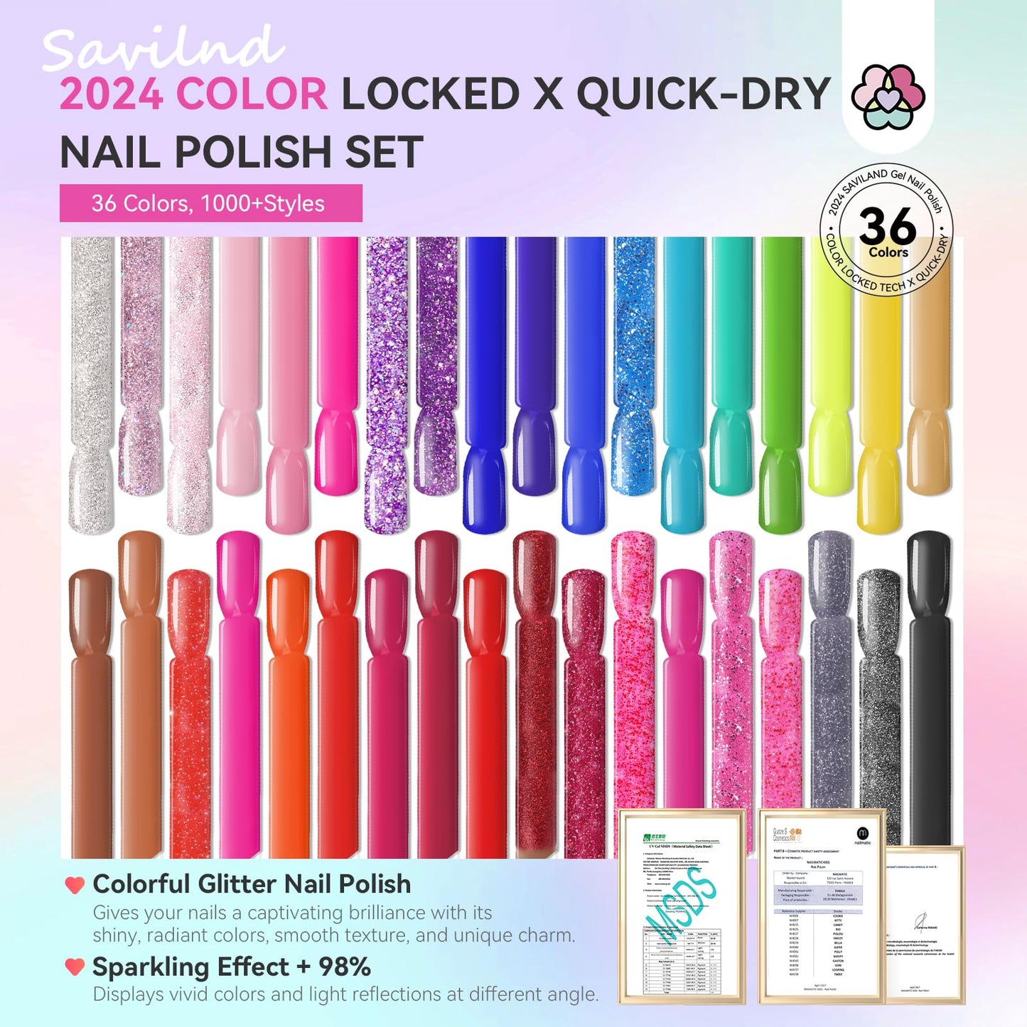 SAVILAND Nail Polish Set Air-Dry: 36 Colors, Base & Top Coat, Beginner Friendly
