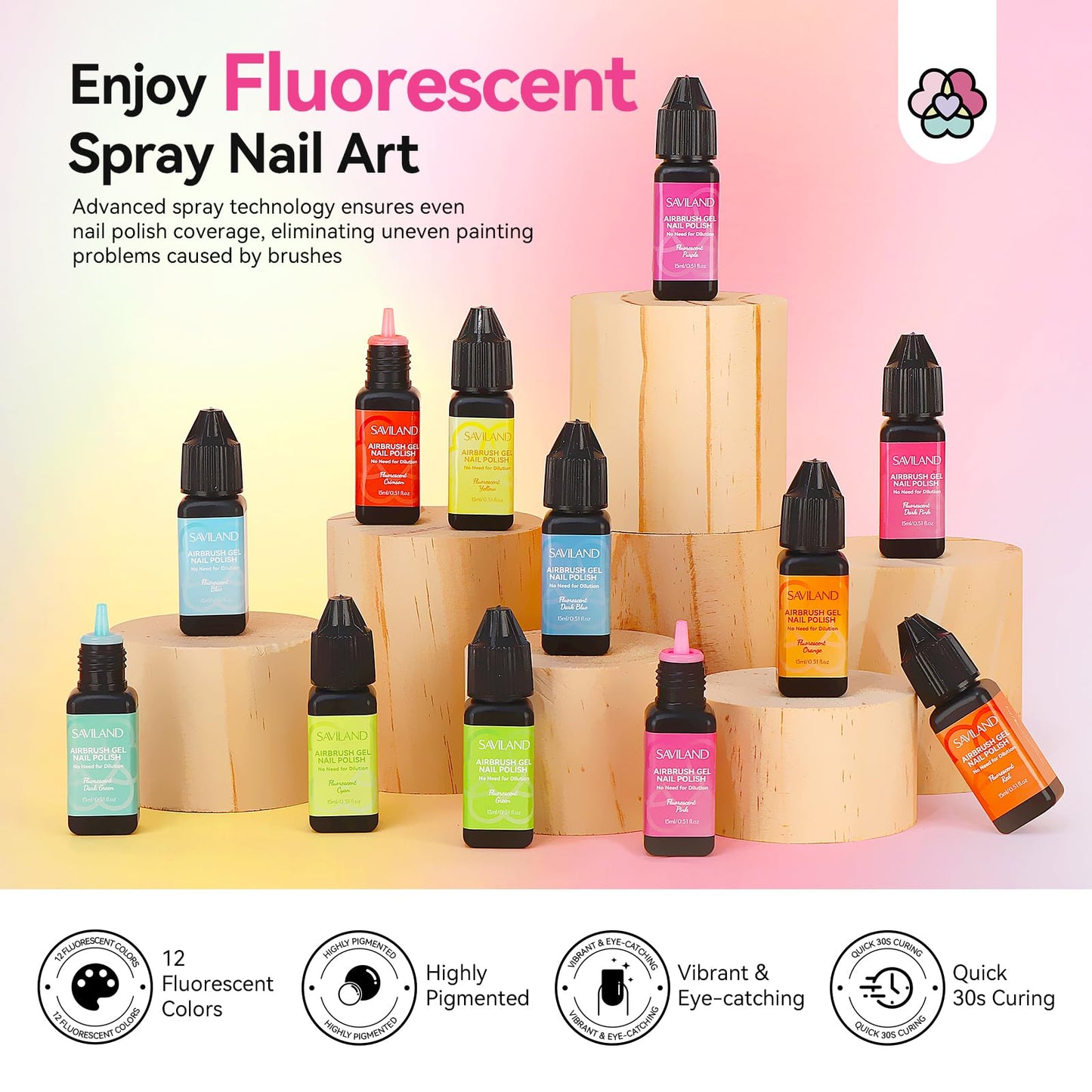 SAVILAND Airbrush Gel Nail Polish Hema-Free – 12 Fluorescent Shades, Non-Acetone, 30s Cure
