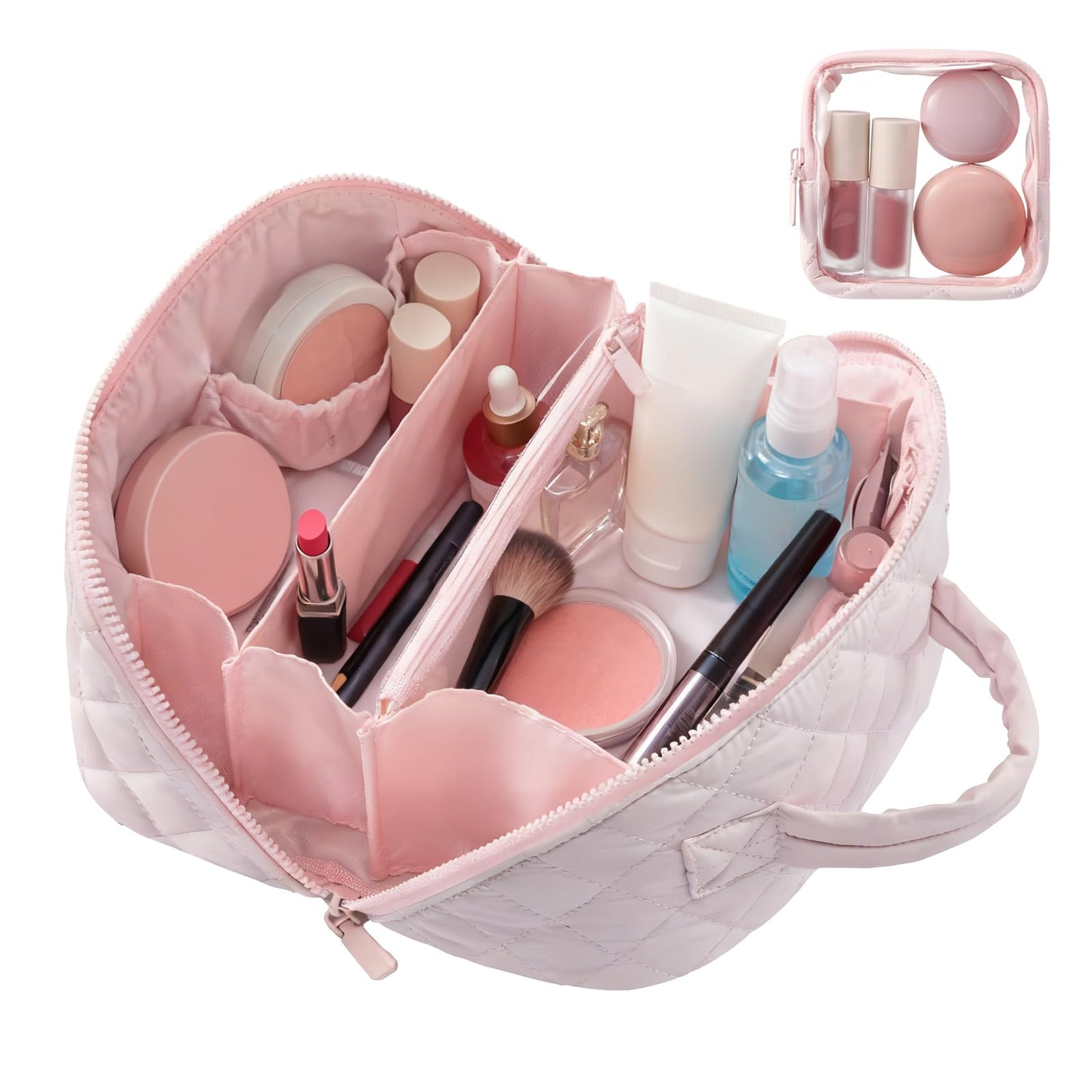 SEPSUMMER Makeup Bag Travel Toiletry Bag – Puffy Pink, Waterproof Cosmetic Organizer, Wide-Open Pouch, 180° Flat Design