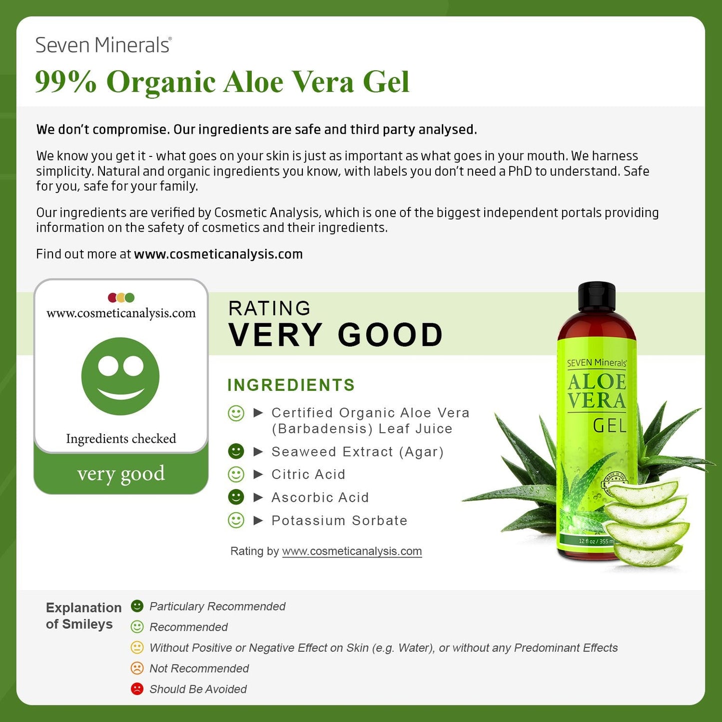 Seven Minerals Aloe Vera Gel – 99% Organic, 12 oz x2 Pack – Real Juice, No Xanthan, Fast Absorption