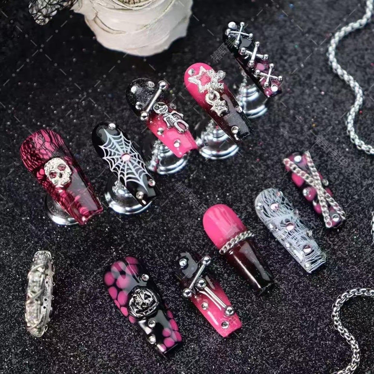 Sevgob 100% Handmade Halloween Press-On Nails – Long Coffin with Skeleton & Pumpkin Charms, Ombre Pink to Black