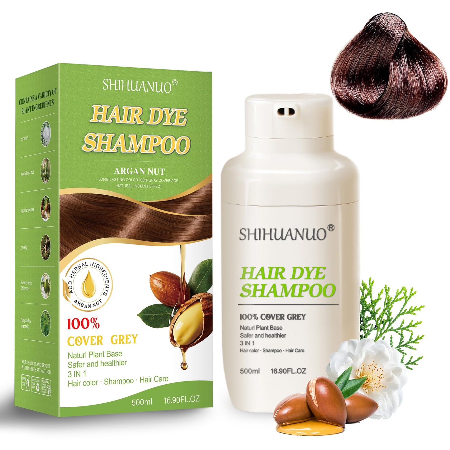 SHIHUANUO Hair Dye Shampoo 3-in-1 Chestnut Brown for Gray Hair – Ammonia-Free, 500ml