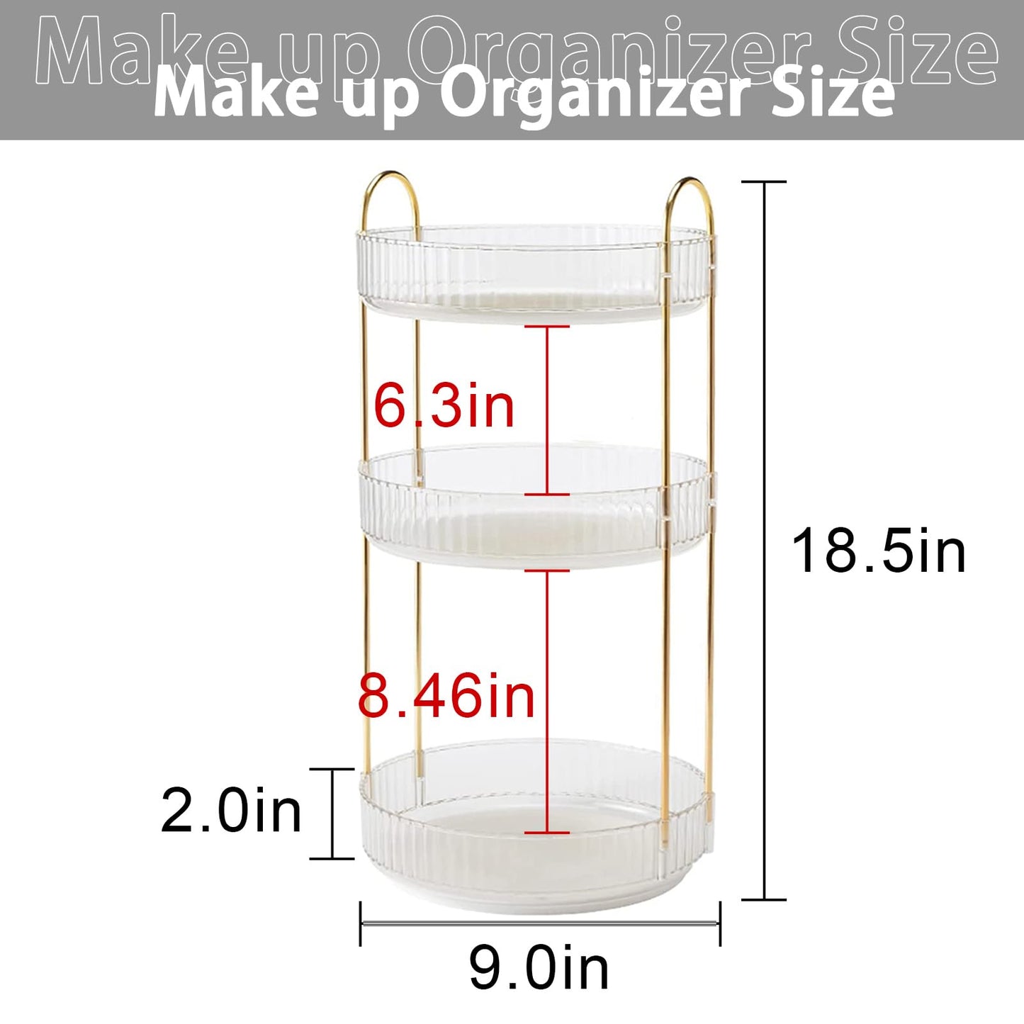 Shuang Qing Rotating Makeup Organizer – Large 3-Tier Vanity Storage, 360° Spin, Clear Countertop Organizer