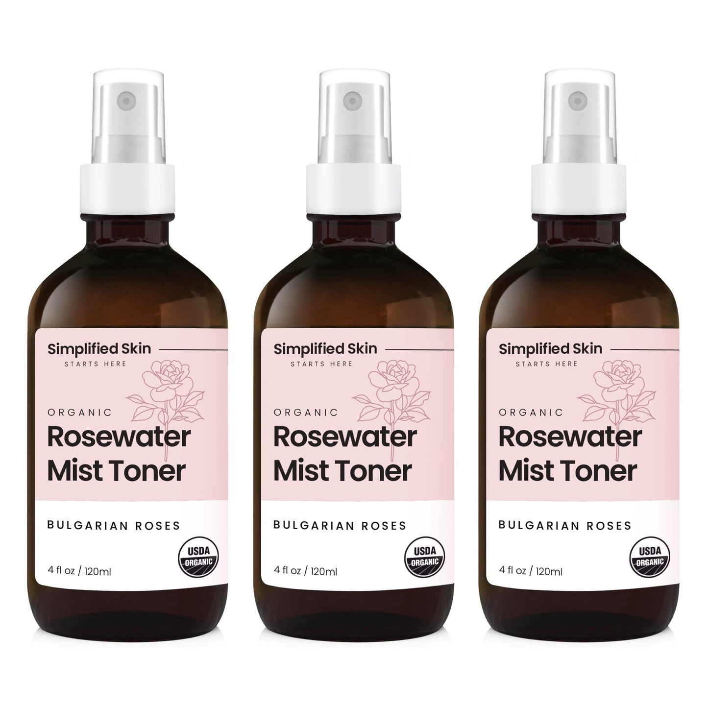 Rose Water Spray for Face & Hair – USDA Organic Rosewater Toner by Simplified Skin (4 oz, 3 Pack)