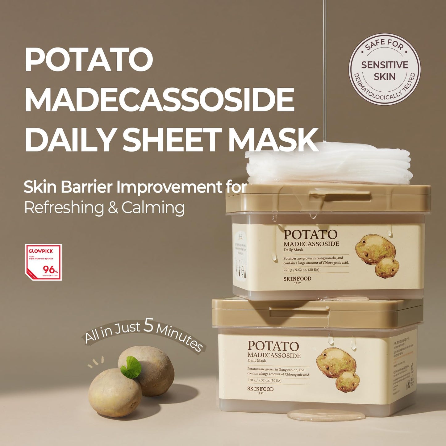 SKINFOOD Potato Madecassoside Daily Sheet Mask | Soothing Hydration, 30ea Bulk Pack