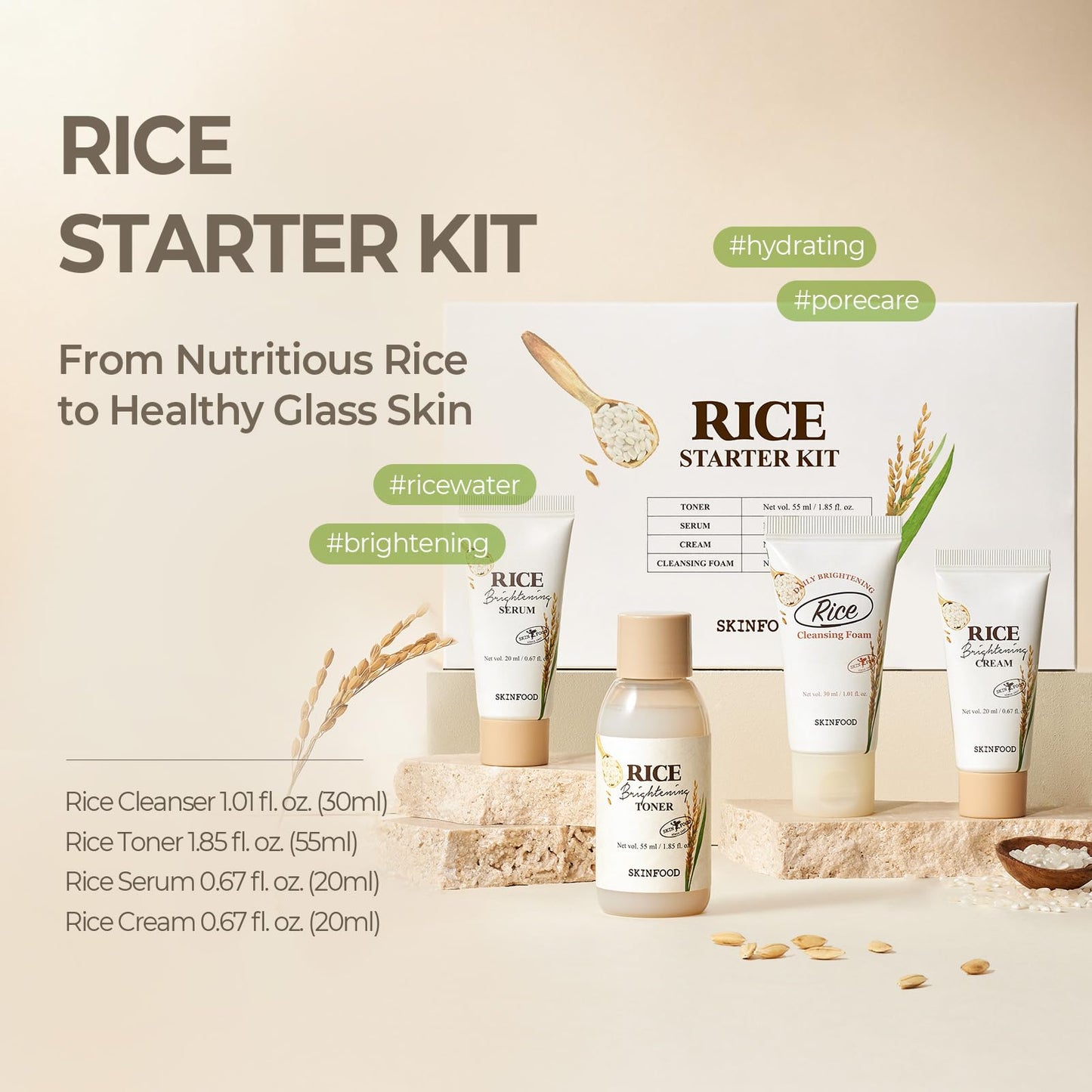 SKINFOOD 1957 Rice Starter Kit — Rice Cleanser, Toner, Serum & Moisturizer for Glass Skin