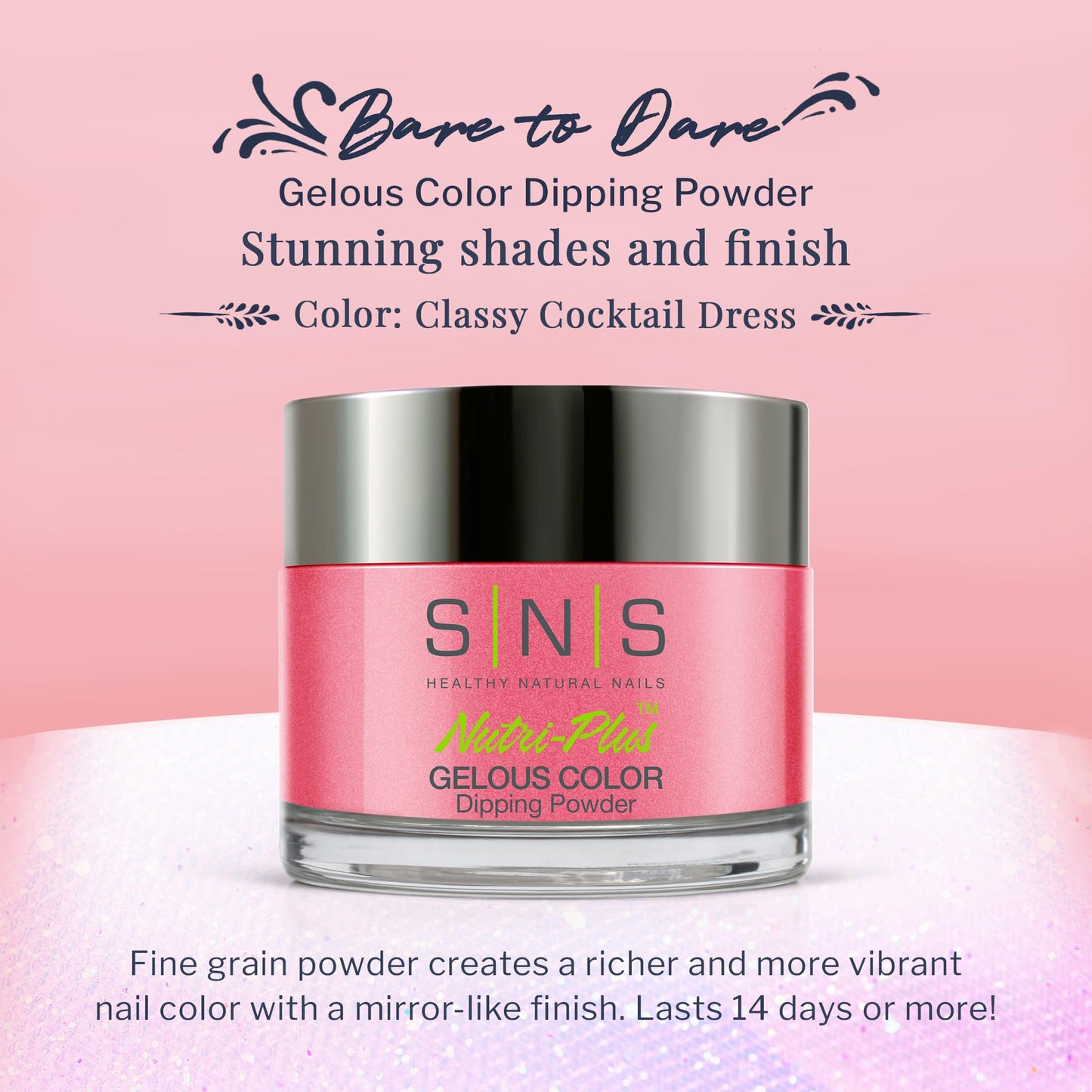 SNS Healthy Natural Nails Nail Dip Powder Classy Cocktail Dress Pink Shimmer - 14-Day Wear, Low Odor, No UV Lamp Required - 1.5 oz