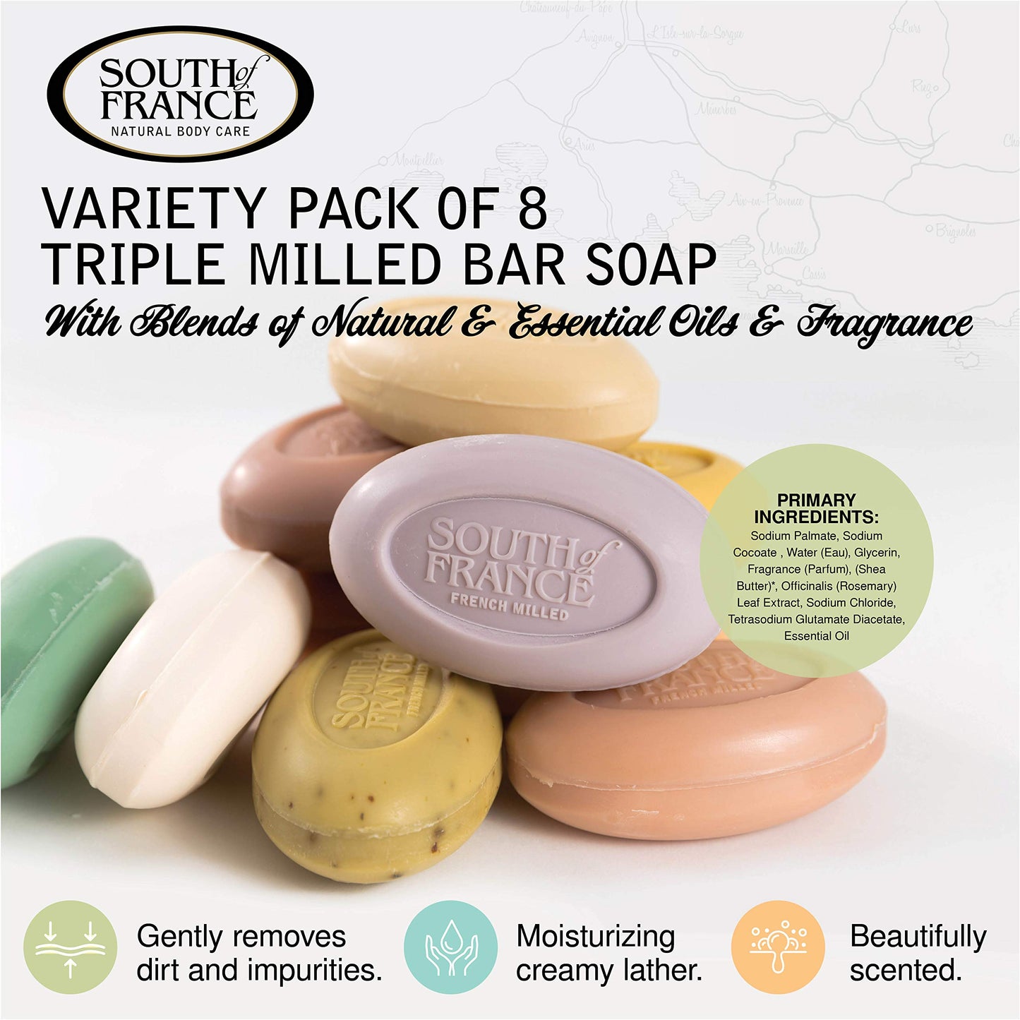 South Of France Triple Milled Large 6oz Bar Soap — Variety Pack 1 (8 Bars)