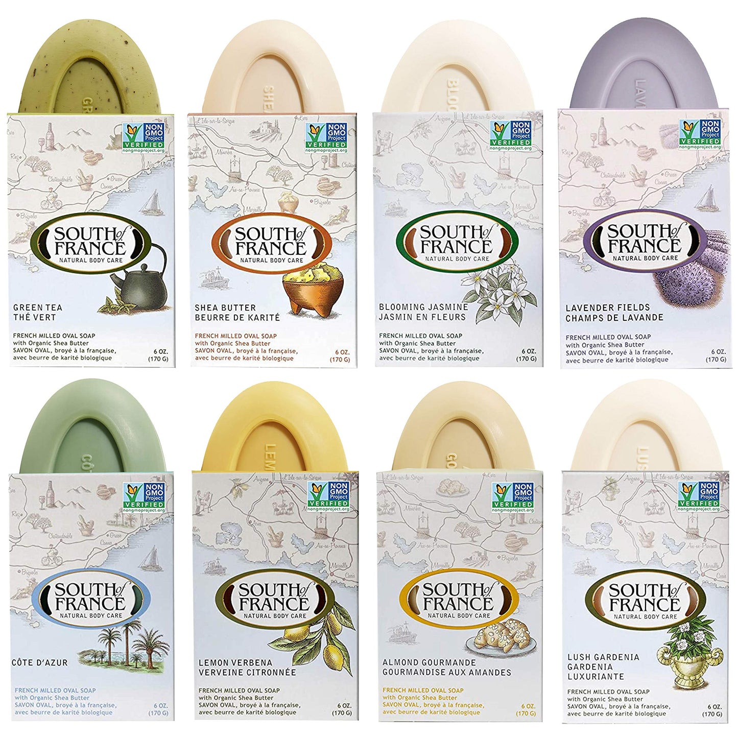 South Of France Triple Milled Large 6oz Bar Soap — Variety Pack 1 (8 Bars)