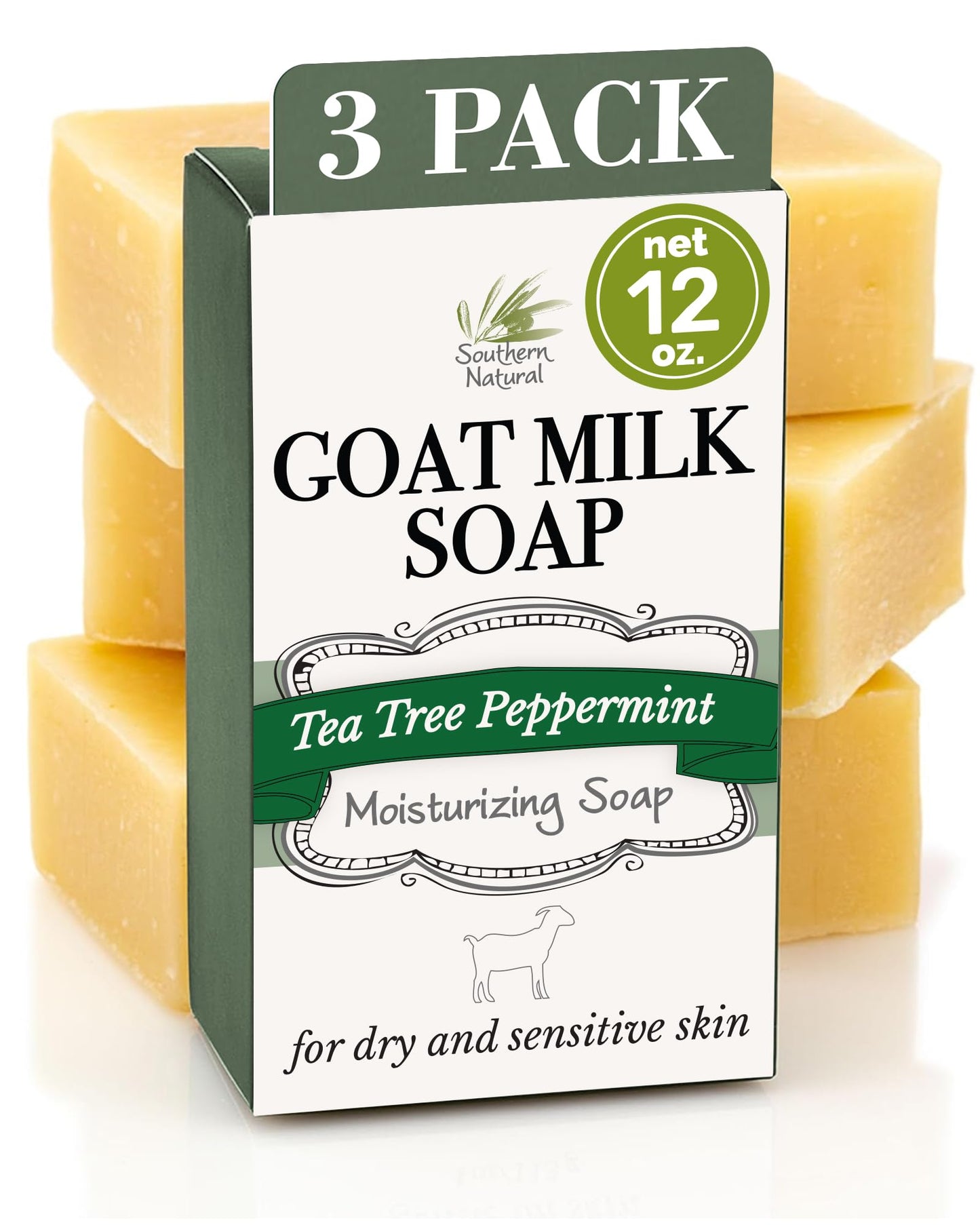 Southern Natural Goat Milk Soap Bar (3 Pack) – Tea Tree Peppermint for Dry, Sensitive Skin