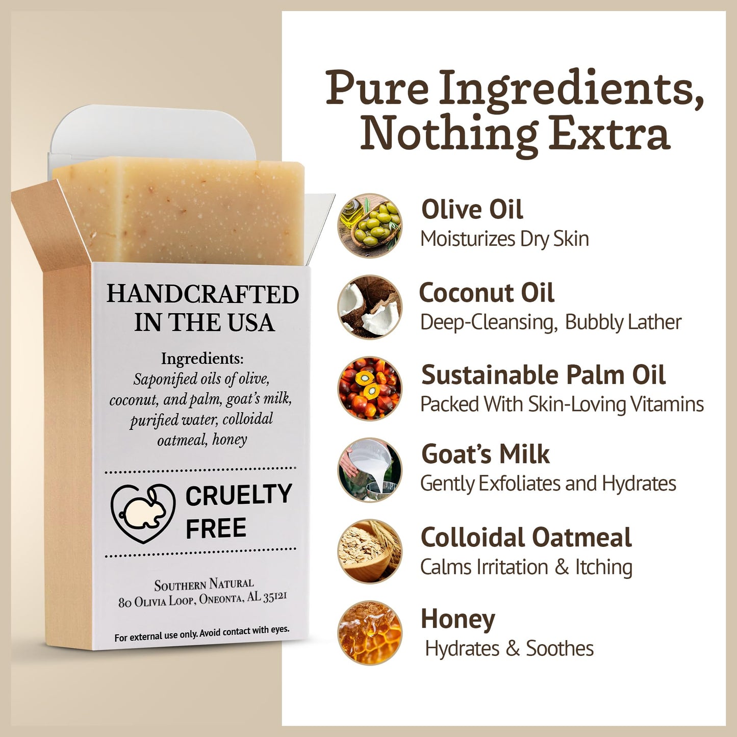 Southern Natural Oatmeal Soap Bar (3 Pack) – Unscented Goat Milk for Dry, Sensitive Skin