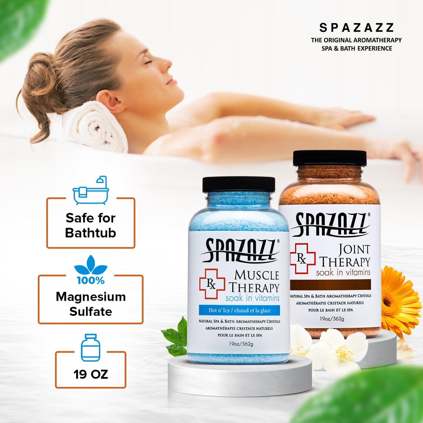 Spazazz RX Therapy Collection: Joint Therapy & Muscle Therapy Bath Salts – 2-Pack Bundle (19 oz Each)