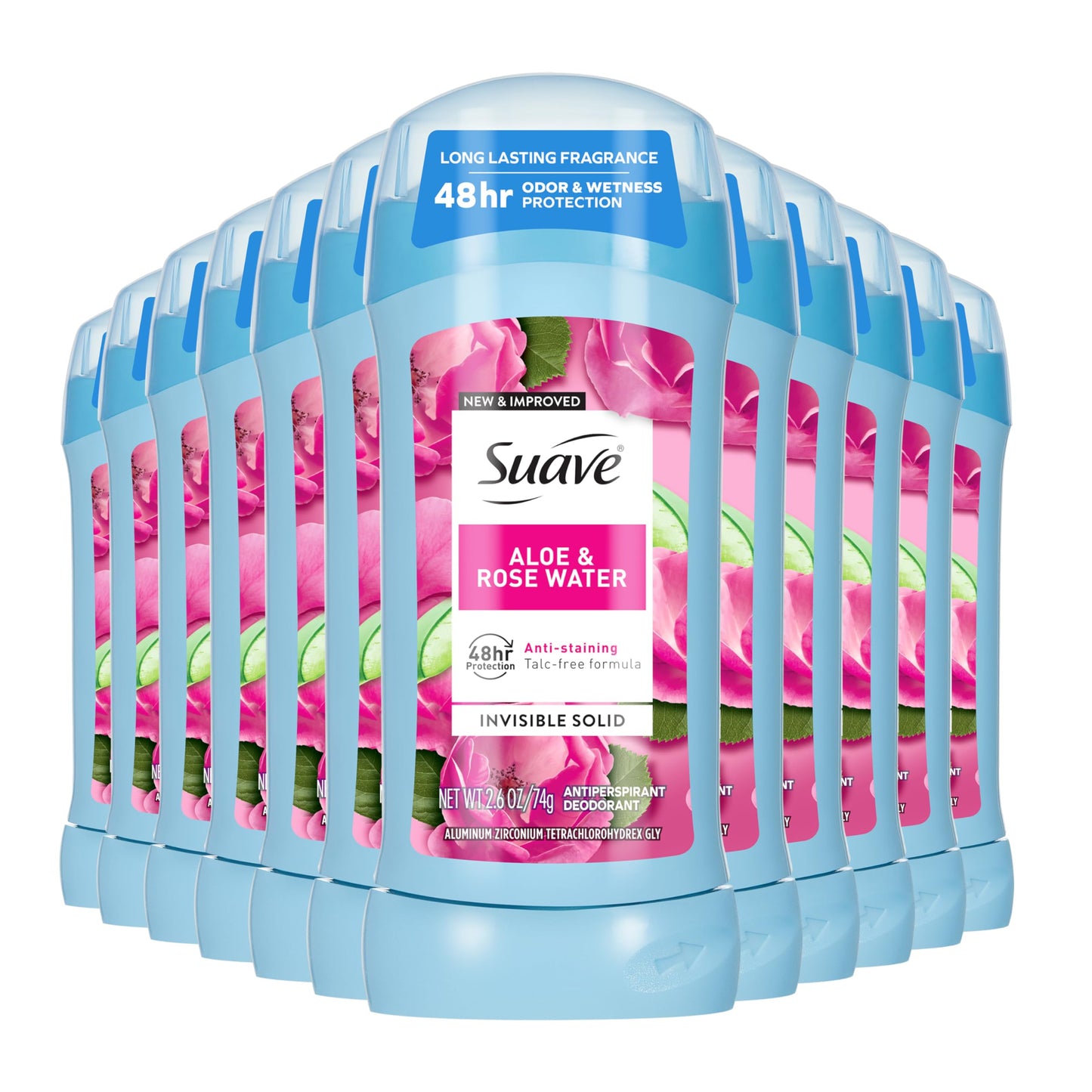 Suave Aloe & Rose Water Invisible Antiperspirant Deodorant for Women – 48-Hour Protection, 2.6 oz (12 Bulk Pack)