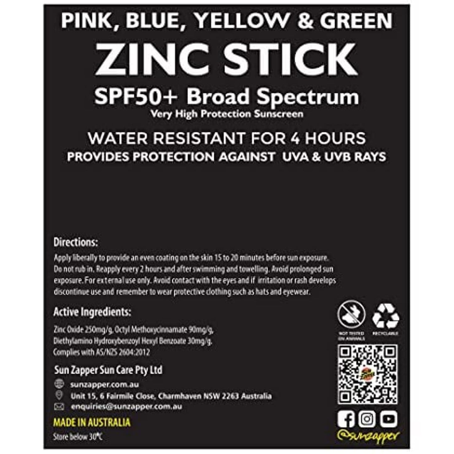 Sun Zapper Zinc Oxide Sunscreen Stick SPF 50+ 4-Pack – Water-Resistant, Broad Spectrum, Made in Australia