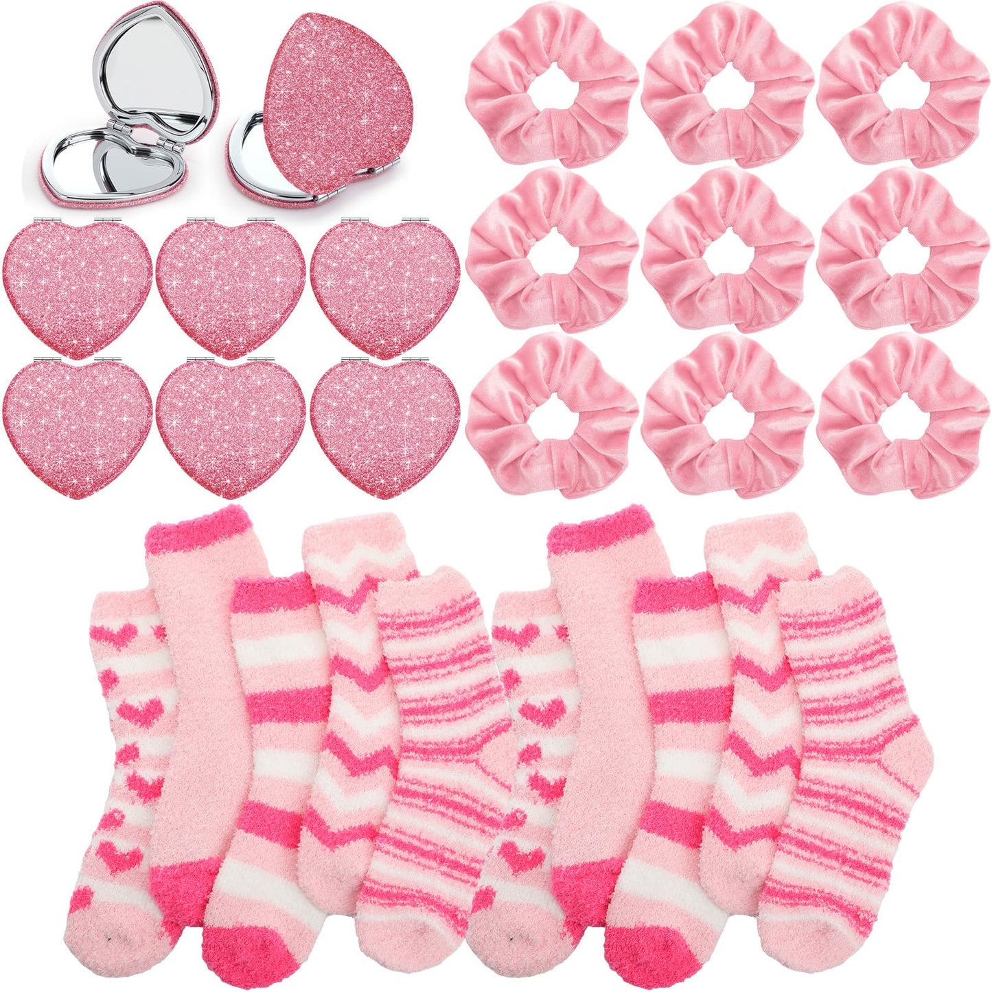 Suncalla 30 Pcs Galentines Gift Set – Velvet Scrunchies, Foldable Heart Mirrors & Fuzzy Socks