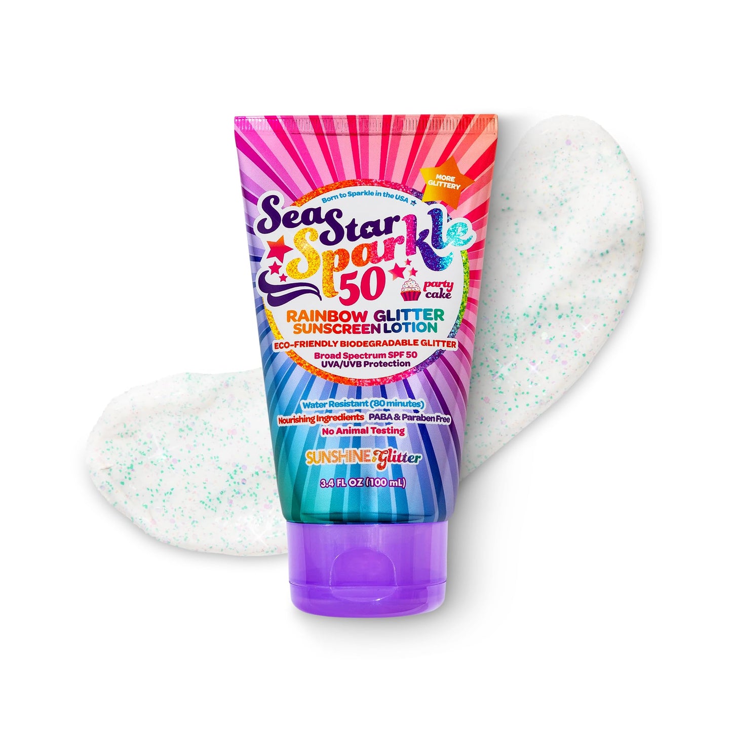 Sunshine & Glitter Seastar Sparkle SPF 50 Glitter Sunscreen – Biodegradable Rainbow Glitter, Made in USA, 3.4oz