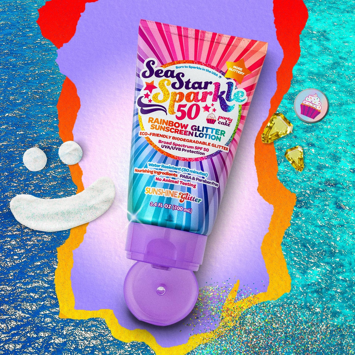 Sunshine & Glitter Seastar Sparkle SPF 50 Glitter Sunscreen – Biodegradable Rainbow Glitter, Made in USA, 3.4oz