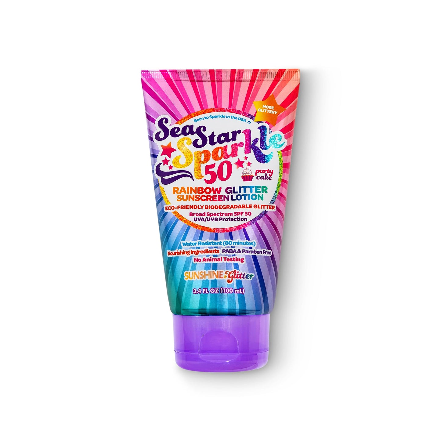 Sunshine & Glitter Seastar Sparkle SPF 50 Glitter Sunscreen – Biodegradable Rainbow Glitter, Made in USA, 3.4oz